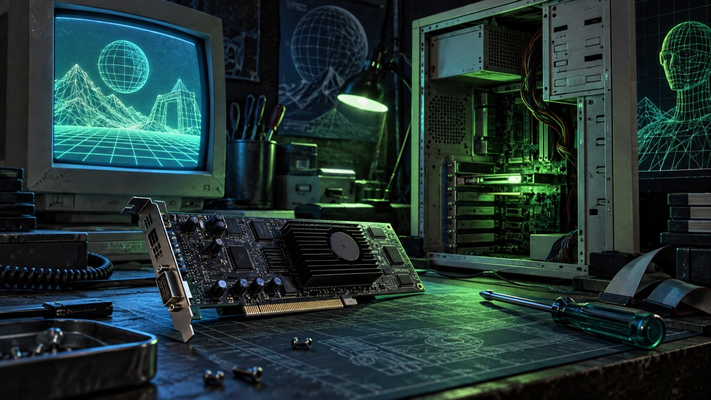Illustrated 3D accelerator workbench lit by a green wireframe display