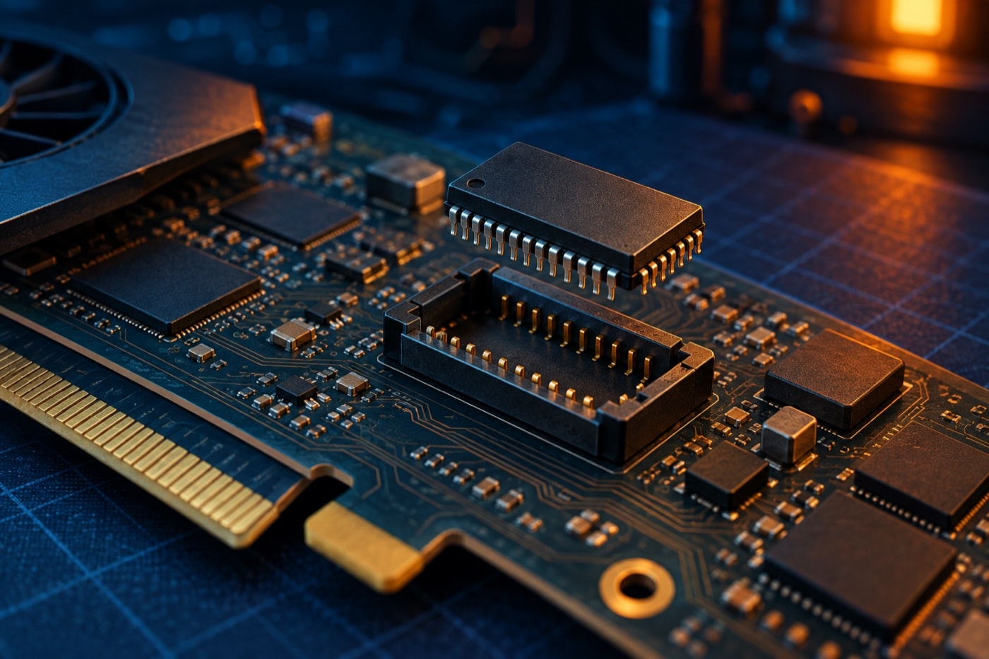 Illustrated unmarked firmware chip hovering above a generic circuit-board socket