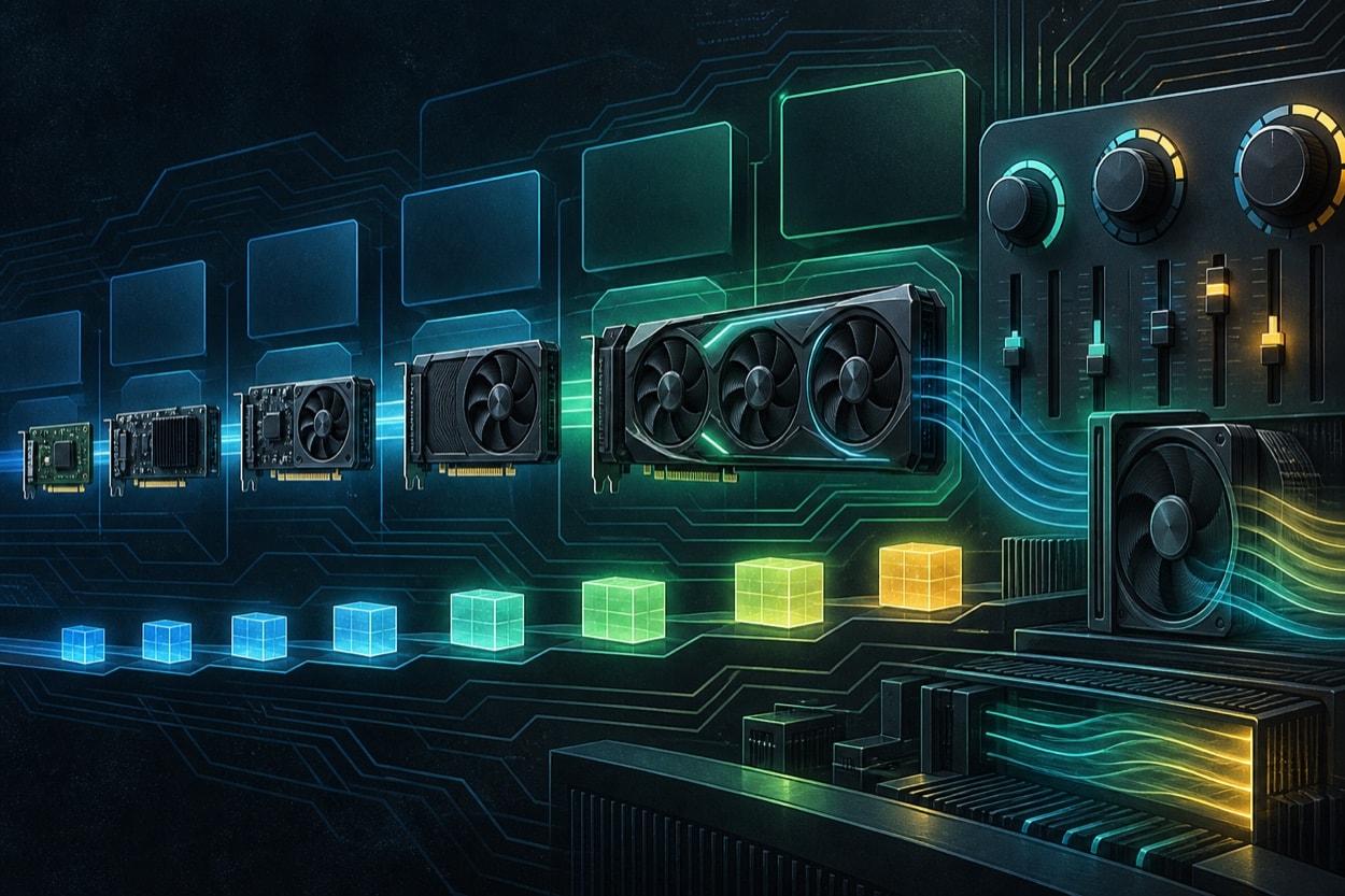 Illustrated sequence of generic graphics boards, data blocks, dials, and circuit traces