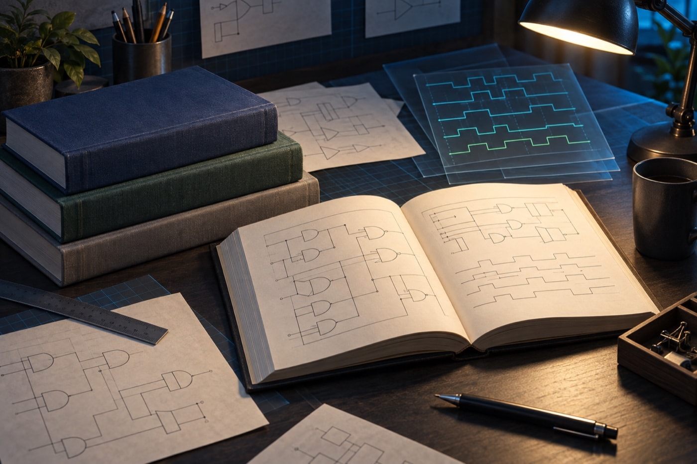 Illustrated technical desk with circuit diagrams and glowing signal traces