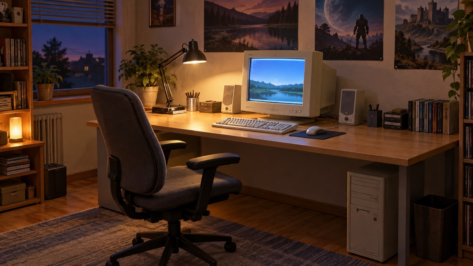 Illustrated early-2000s PC desk with an adjustable chair, CRT display, keyboard, mouse, and warm task light